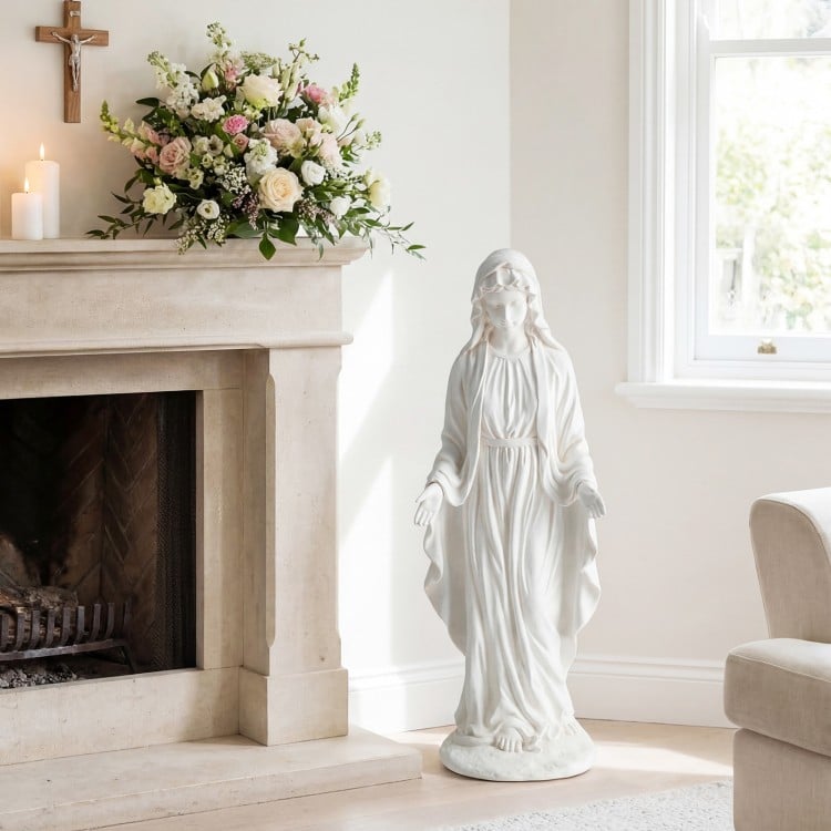 Virgin Mary statue 29.5 inches tall with aged white finish, perfect for outdoor gardens and religious decor.