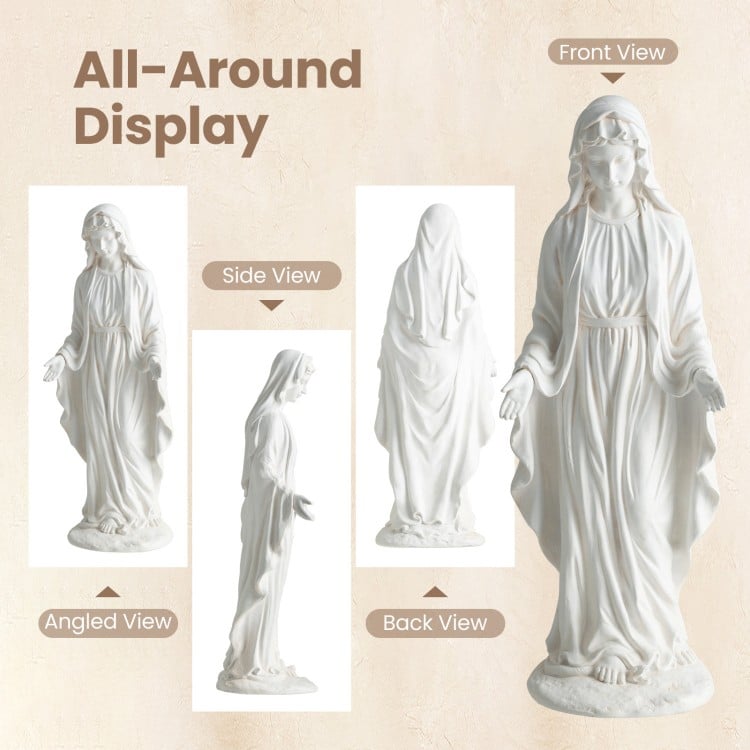 Virgin Mary statue in aged white finish, 29.5 inches tall, showcasing serene posture for outdoor religious decor.