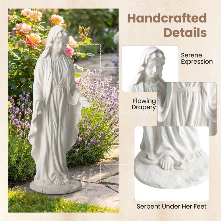 Virgin Mary statue 29.5 inches tall with flowing drapery, aged finish, and serene expression for outdoor decoration.