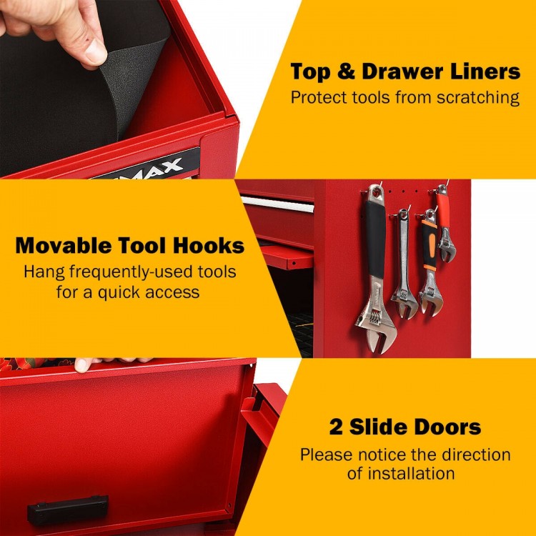 6-drawer red tool chest with movable hooks, slide doors, and protective liners for organized tool storage.
