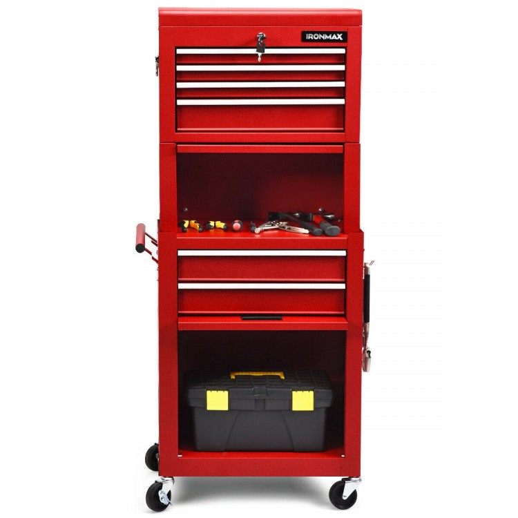 6-drawer red tool chest with heightening cabinet, portable design, and smooth-rolling casters for convenient tool.