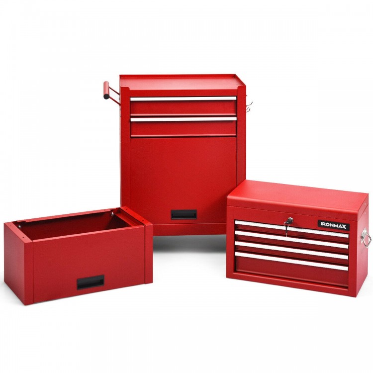 Three-piece red tool chest set featuring a heightening cabinet, 6 drawers, and portable top box for organized tool.