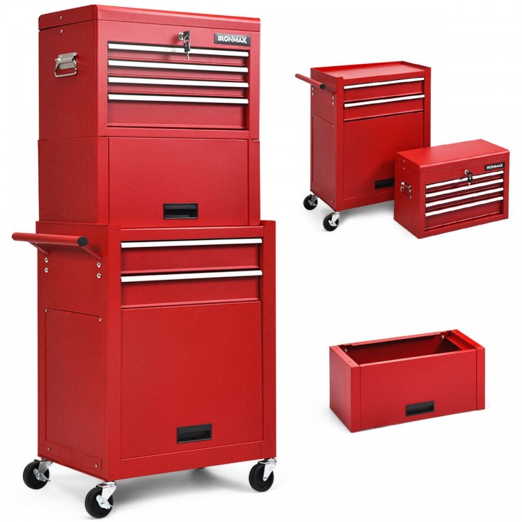 6-drawer red tool chest with heightening cabinet, portable design, and smooth-rolling casters for easy mobility.