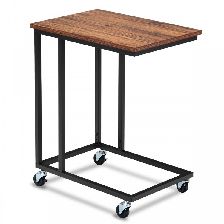 Mobile side table with brown wood top and sturdy metal frame, ideal for use beside bed or sofa for snacks and decor.