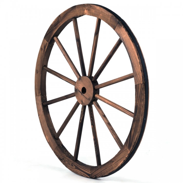 30-inch decorative vintage wood wagon wheel made of Chinese fir with a steel rim, ideal for backyard or studio decor.