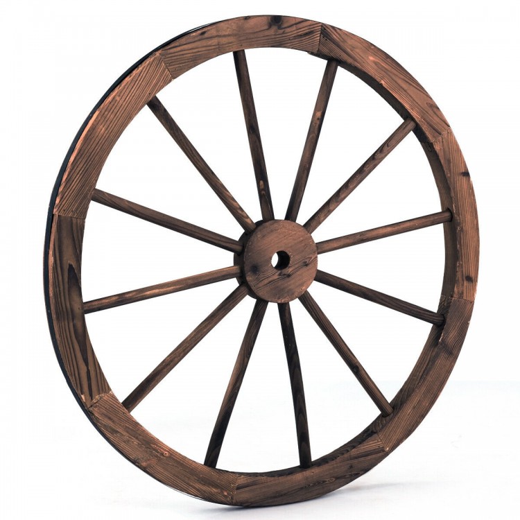 30-inch decorative vintage wood wagon wheel made of Chinese fir, featuring a retro design for backyard or studio decor.