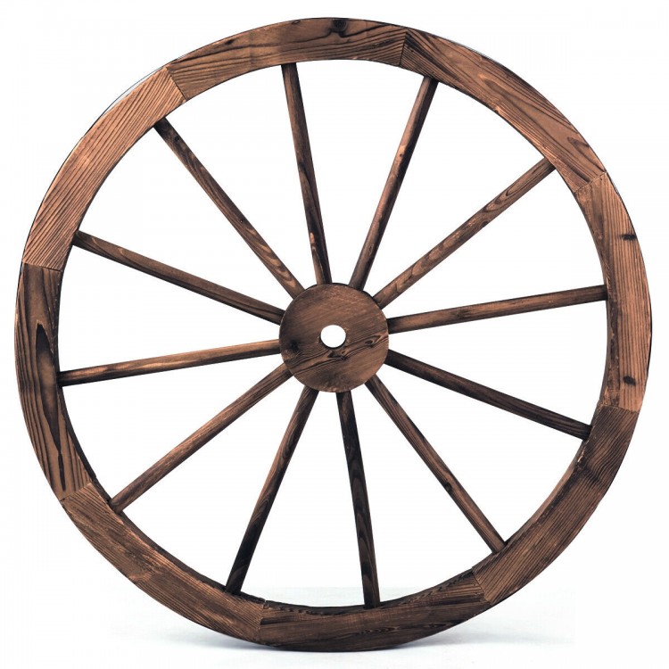 30-inch decorative vintage wood wagon wheel made of Chinese fir with a smooth surface, ideal for backyard or studio.