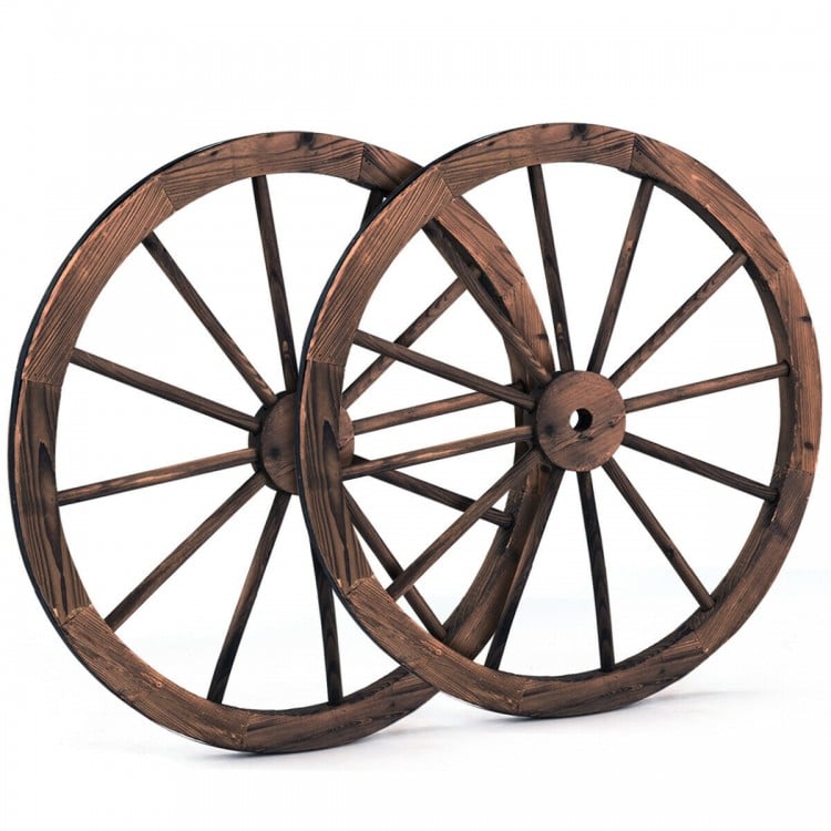 Set of 2 vintage 30-inch wood wagon wheels made of Chinese fir, featuring a retro design for backyard or studio decor.