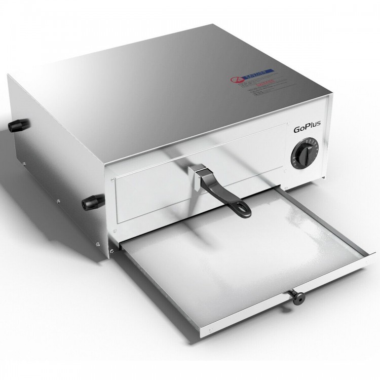 Stainless steel commercial pizza oven with removable crumb tray, cool touch handle, and built-in temperature control.