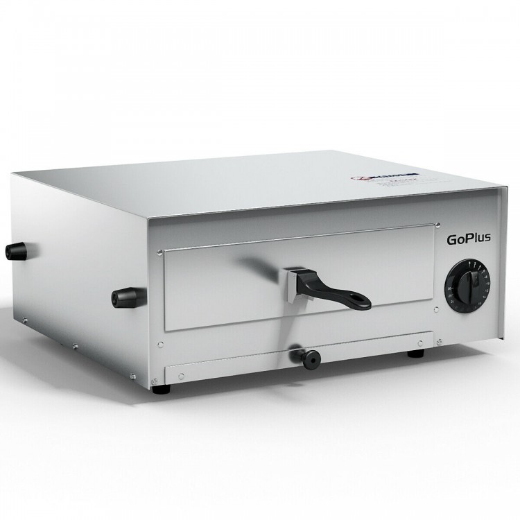 Stainless steel commercial pizza oven with built-in temperature control and removable crumb tray for easy baking.