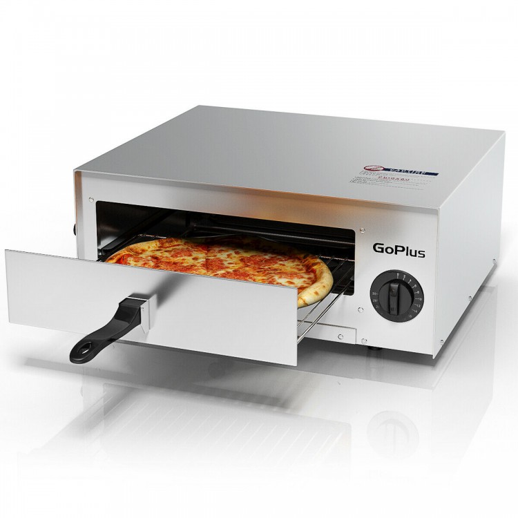 Stainless steel GoPlus commercial pizza oven with a 12" pizza, chrome wire rack, and built-in temperature control.