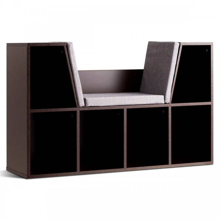 Cushioned reading nook with 6 cubbies for storage, made from durable brown particle board, ideal for kids' rooms.