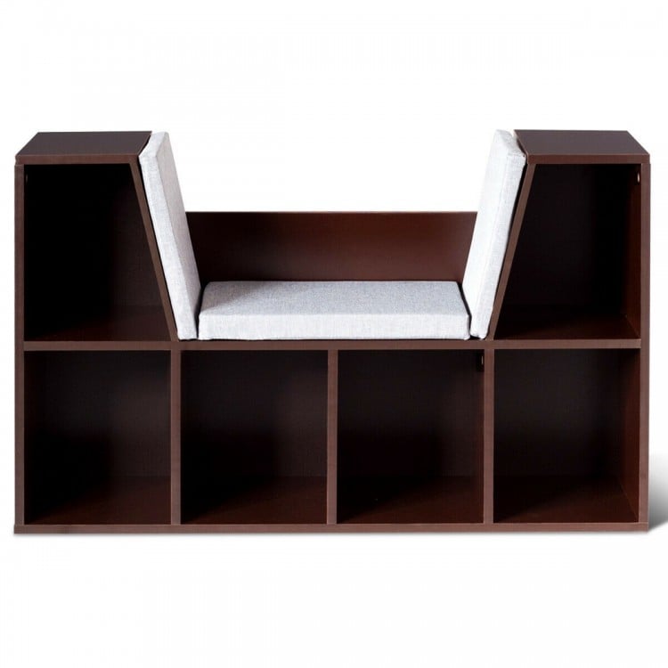6-cubby kid storage bookcase with cushioned reading nook in brown, perfect for organizing books and toys while reading.
