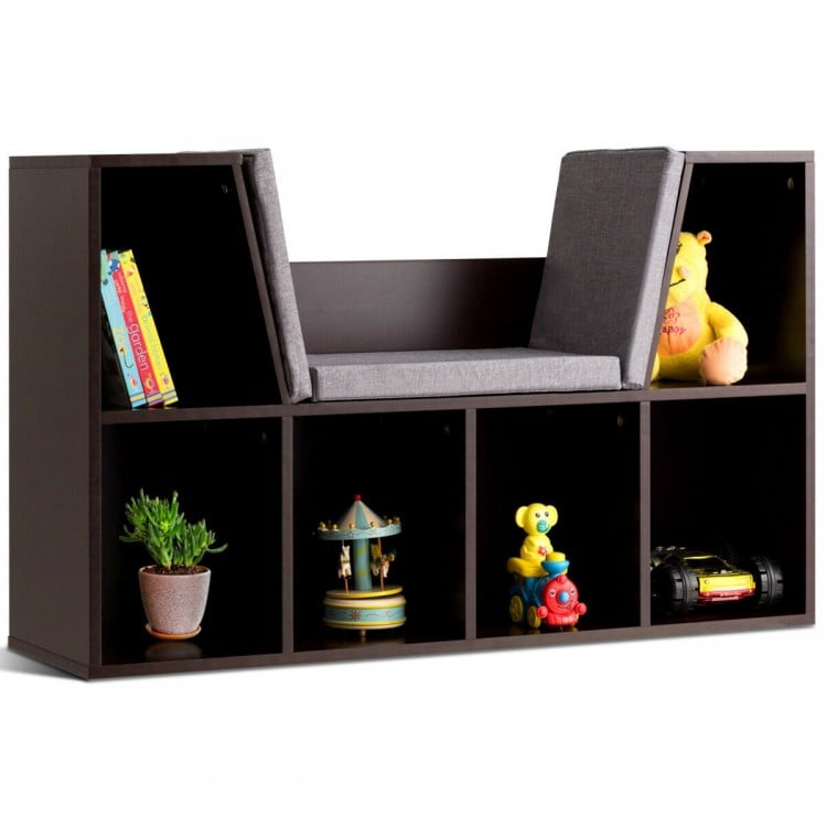 Kid storage bookcase with cushioned reading nook in brown, featuring six cubbies for organizing toys and books.