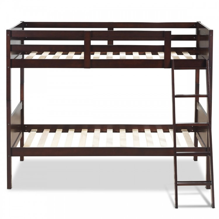 Twin size wooden bunk bed in brown showcasing a sturdy frame and natural wood finish, ideal for maximizing space in.