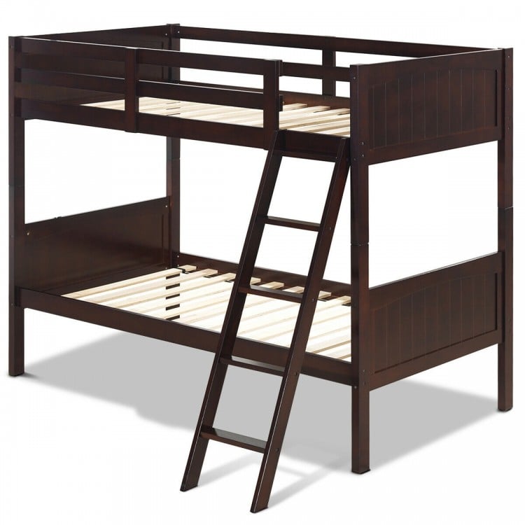 Twin size wooden bunk bed in brown with safety guardrails and a 4-step ladder, perfect for children's rooms or.