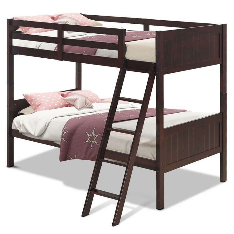Twin size wooden bunk beds in brown with safety guardrails and a 4-step ladder, perfect for children's rooms.