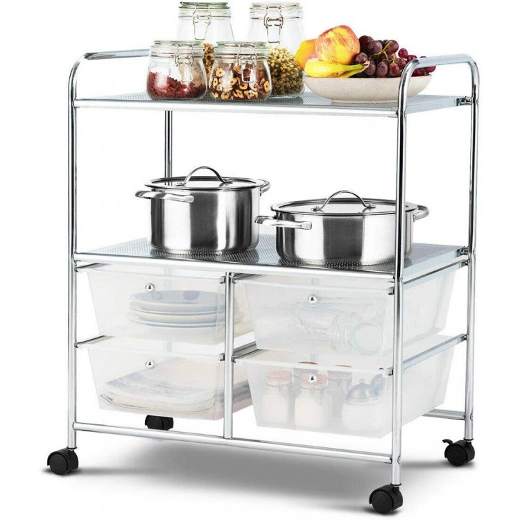 Rolling storage cart with 4 drawers and 2 mesh shelves, made of steel, ideal for kitchen or office organization.