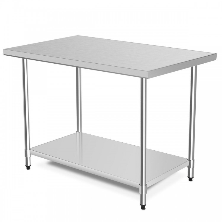 Stainless steel worktable measuring 30 x 48 inches with adjustable shelf, ideal for commercial and home kitchen use.