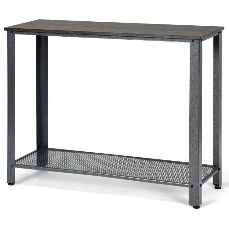 Slim metal frame wood console sofa table with storage shelf, designed for stability and retro style, ideal for small.