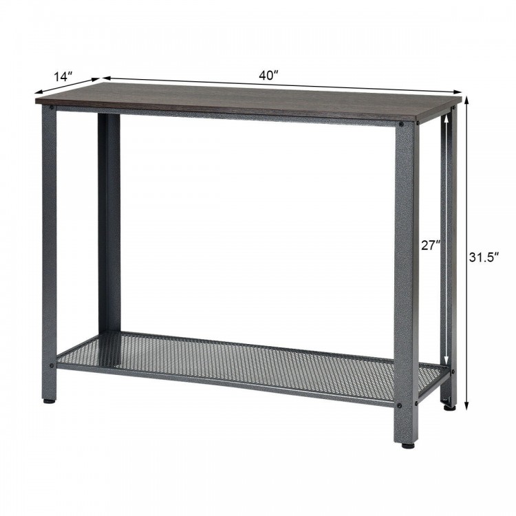 Slim metal frame wood console sofa table with storage shelf, retro style, perfect for small spaces beside sofa or bed.