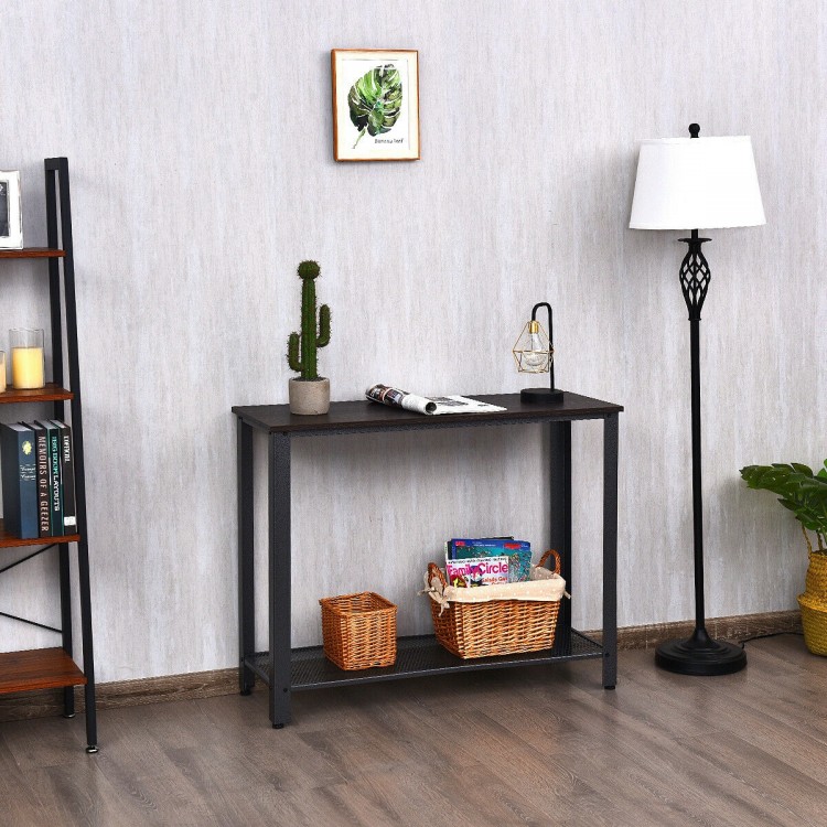 Slim metal frame wood console table with storage shelf, designed in retro style for easy placement beside sofa or bed.