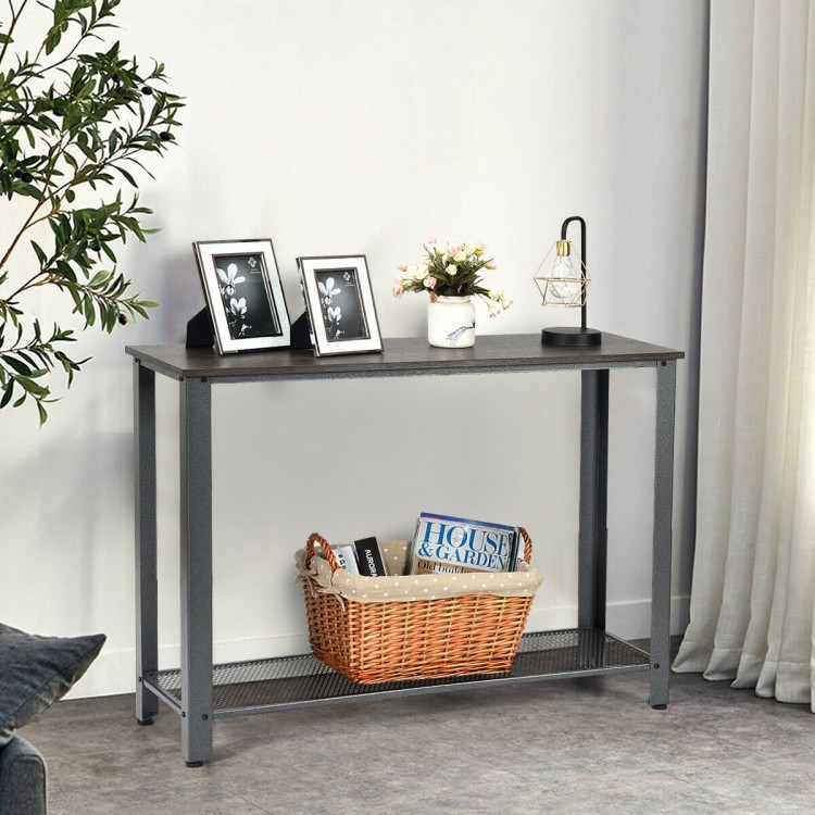 Slim silver console sofa table with wood top and storage shelf, designed for stability and retro style in any room.