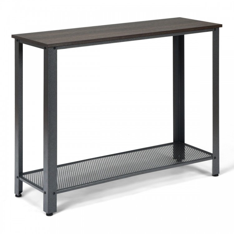 Slim metal frame wood console sofa table with storage shelf, designed for stability and retro style, perfect for small.