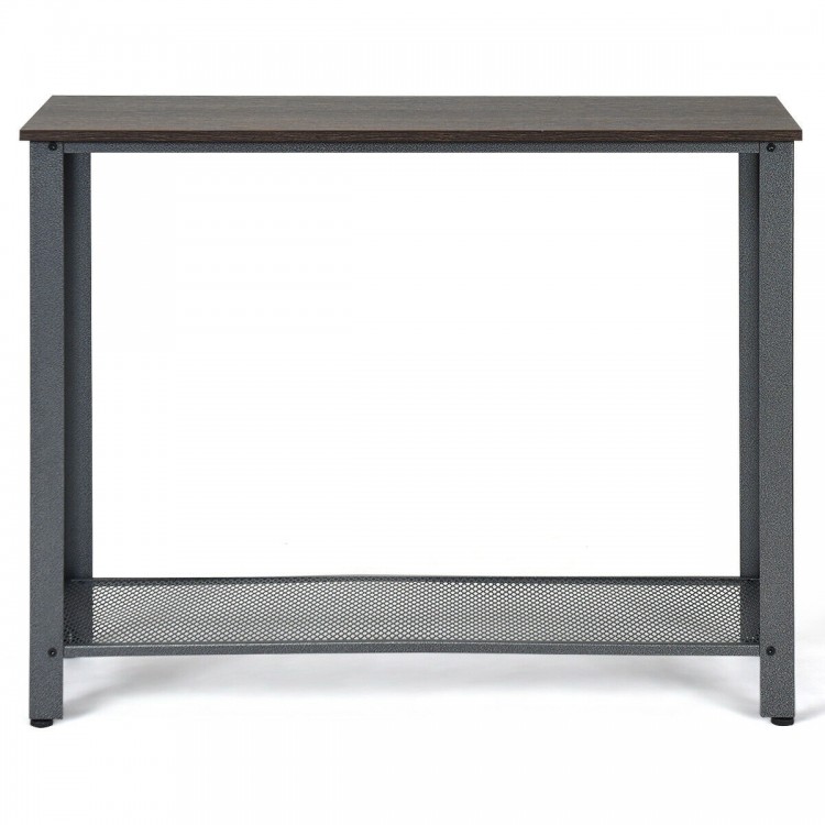Metal frame wood console sofa table with a solid tabletop and latticed shelf, ideal for displaying decor and storing.