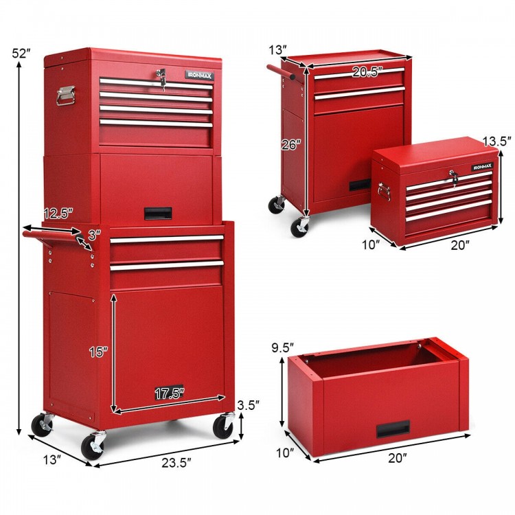 6-drawer red tool chest with heightening cabinet, detachable top box, and smooth-rolling casters for easy mobility.