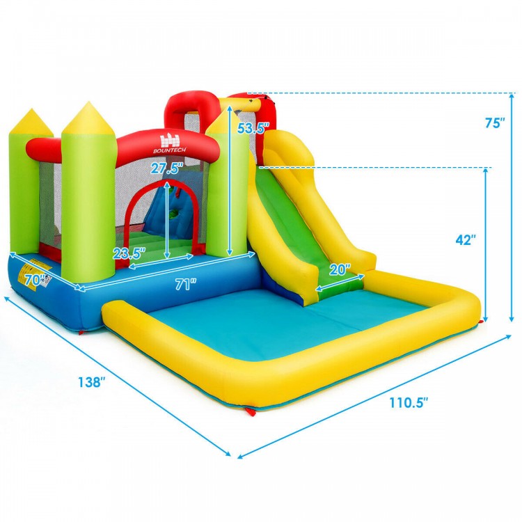 Brightly colored outdoor inflatable bounce house with slide, measuring 138" x 110.5", ideal for garden or park fun.