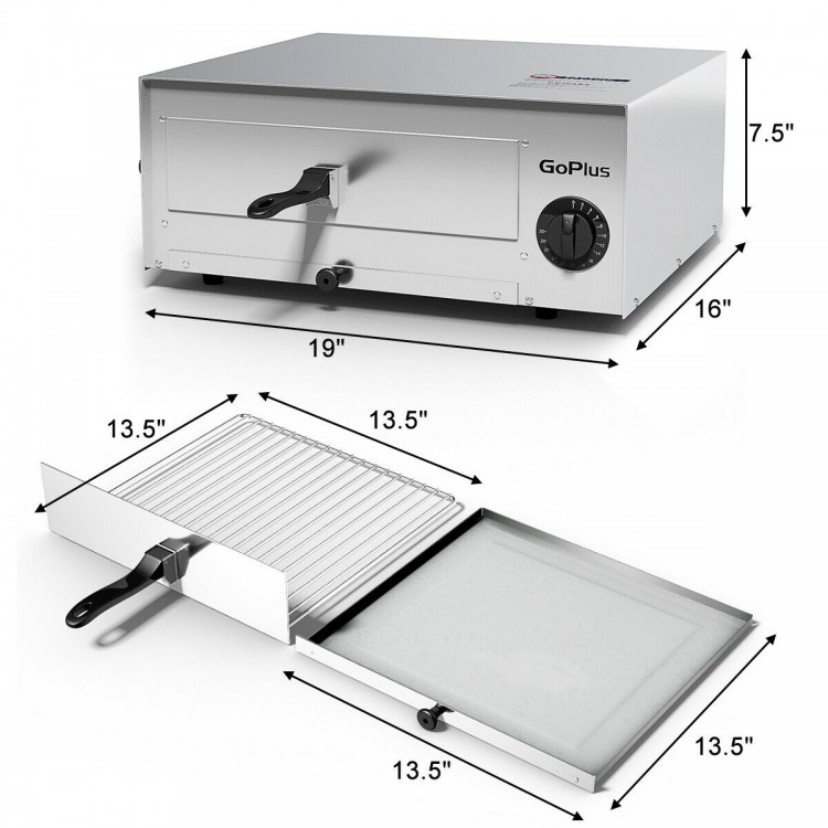 Stainless steel commercial pizza oven with chrome wire rack, removable crumb tray, and built-in temperature control.