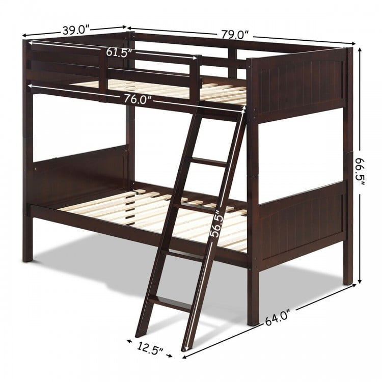 Twin size wooden bunk bed in brown with safety guardrails and a 4-step ladder, ideal for children's rooms or apartments.