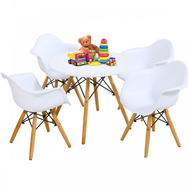 5-piece kids round table and chair set with white chairs and wooden legs, ideal for play and activities in any room.