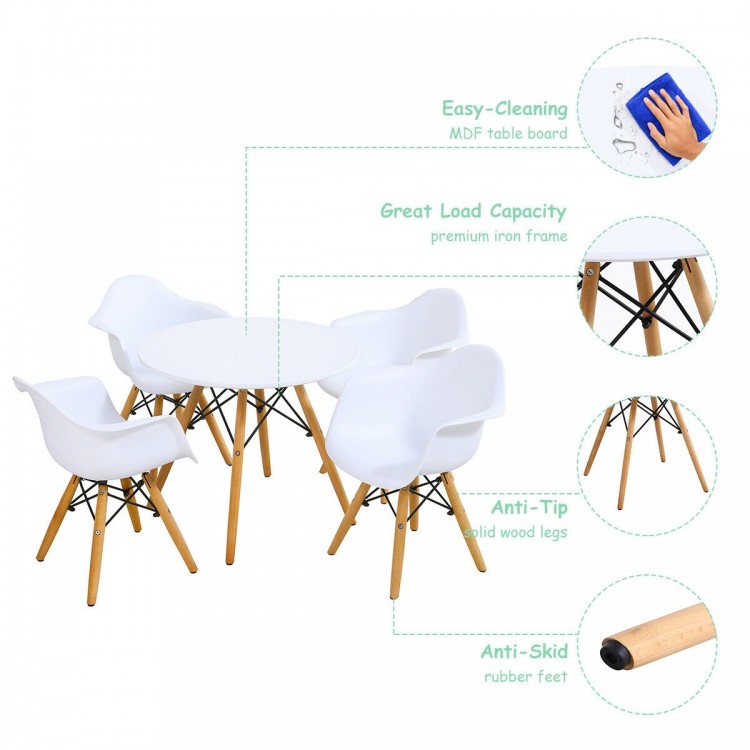 5-piece kids round table and chair set with white ergonomic chairs and wood legs, perfect for play and learning.
