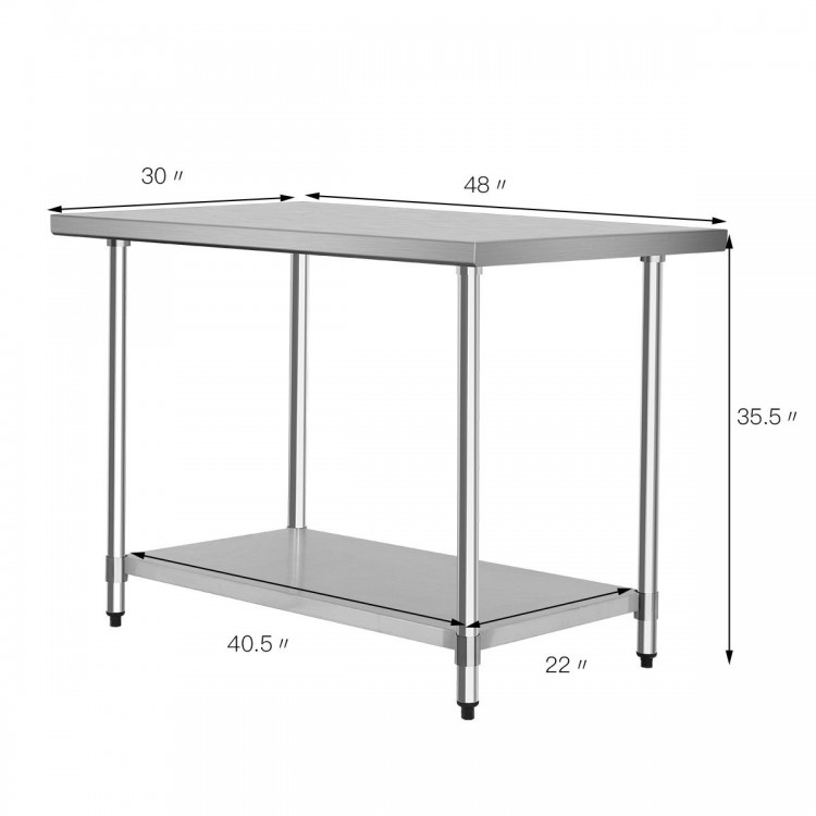 Stainless steel commercial kitchen worktable, 48" x 30", with adjustable shelf and sturdy frame for versatile use.