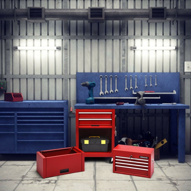 Red 6-drawer tool chest with heightening cabinet and security lock, designed for organized tool storage and easy access.