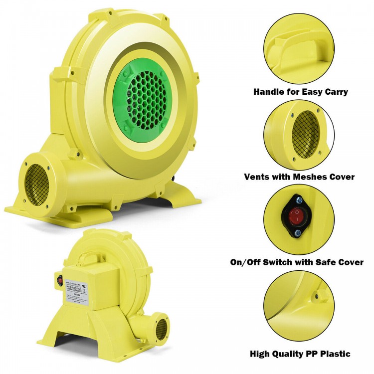 Yellow 950 W air blower pump fan with handle, designed for inflatable bounce houses and outdoor fun.