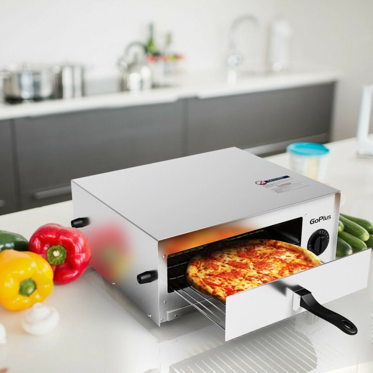 Stainless steel commercial pizza oven with a 12" pizza, chrome wire rack, and cool touch handle for easy baking.