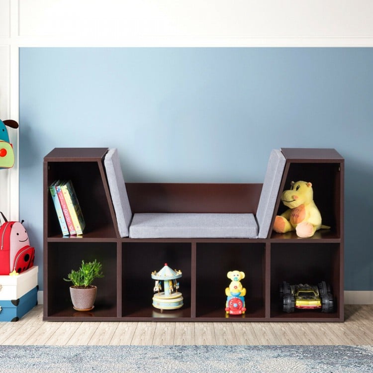 6-cubby kid storage bookcase in brown with cushioned reading nook, ideal for organizing toys and books in a stylish way.