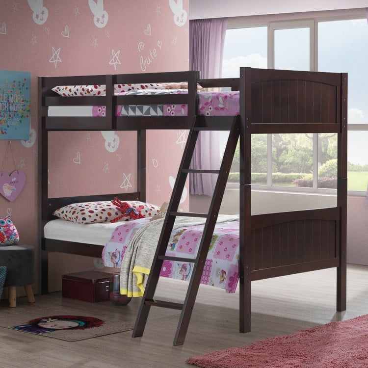 Twin size wooden bunk bed in brown with safety guardrails and a 4-step ladder, perfect for children's rooms.