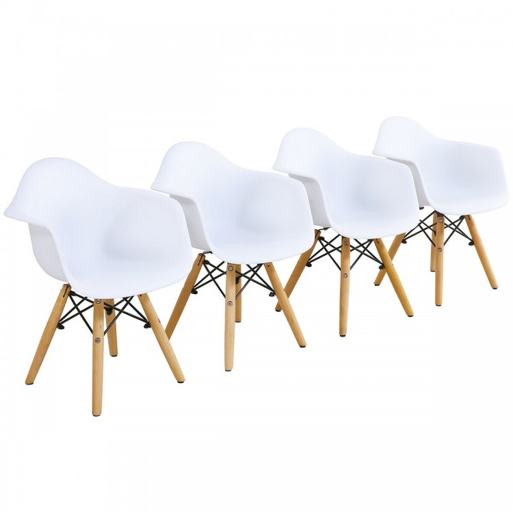 Four white ergonomic armchairs with wood legs, ideal for kids' activities, part of a modern table and chair set.