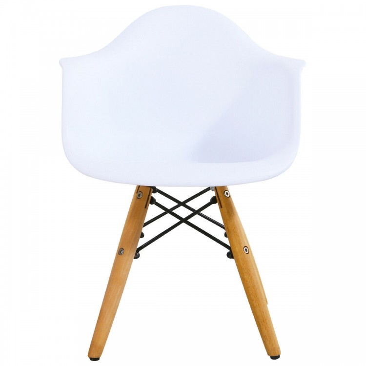 White ergonomic chair with wooden legs and iron frame, perfect for kids' table set, ensuring comfort and stability.
