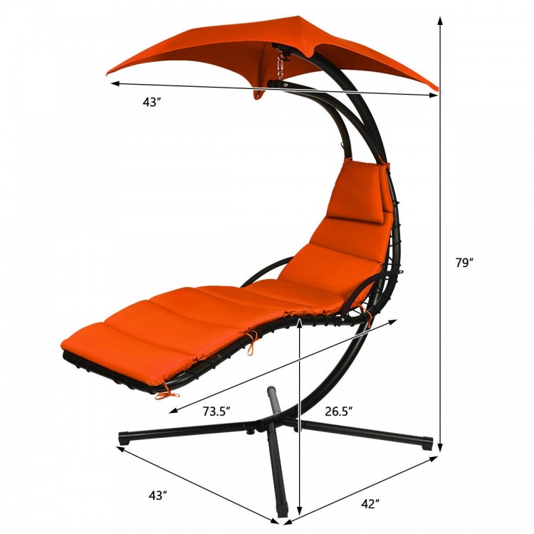 Side view of the orange hanging chaise lounger swing chair showcasing its ergonomic design, soft cushion, and sturdy.