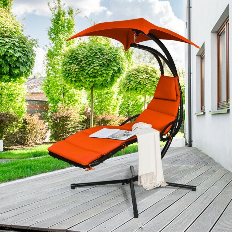 Ergonomic orange hanging chaise lounger swing chair with soft cushion and adjustable canopy, ideal for outdoor comfort.