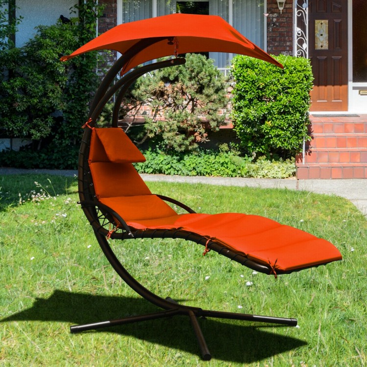 Hanging chaise lounger swing chair in orange with adjustable canopy and soft cushion for outdoor relaxation.