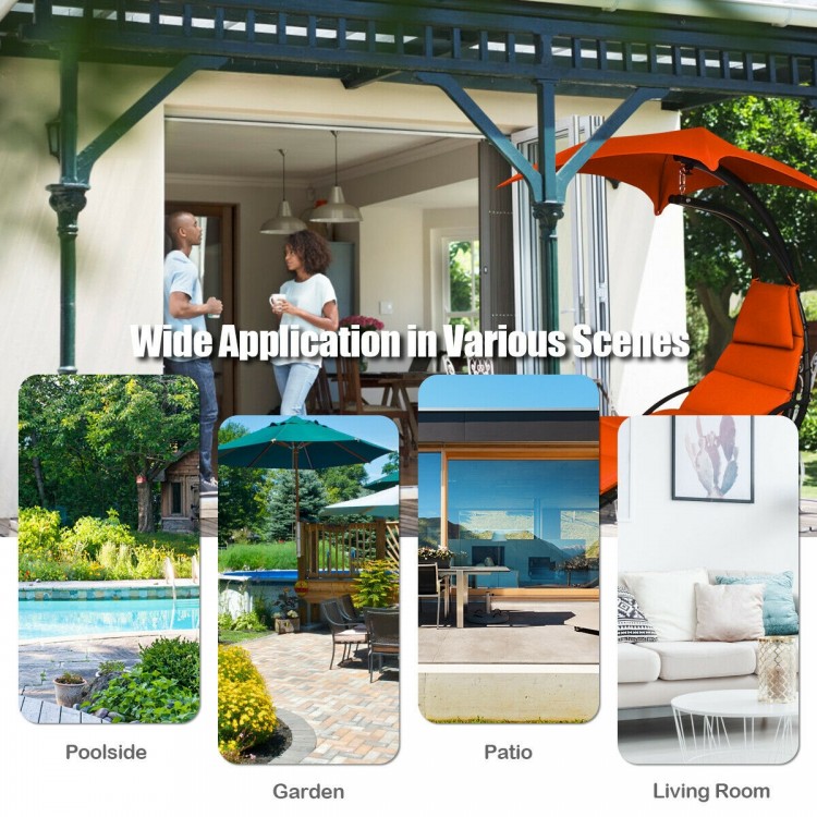 Hanging chaise lounger swing chair in orange with adjustable canopy, perfect for garden, patio, or poolside relaxation.