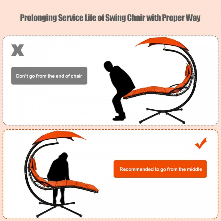 Hanging chaise lounger swing chair in orange with ergonomic design, soft cushion, and adjustable canopy for outdoor.