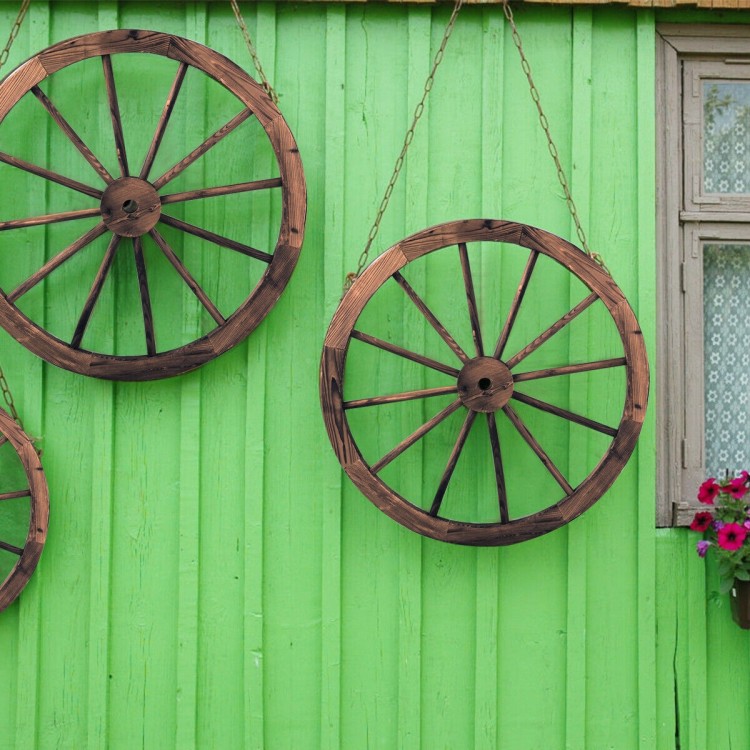 Decorative vintage wood wagon wheels made of Chinese fir, featuring a retro design, ideal for backyard or studio decor.