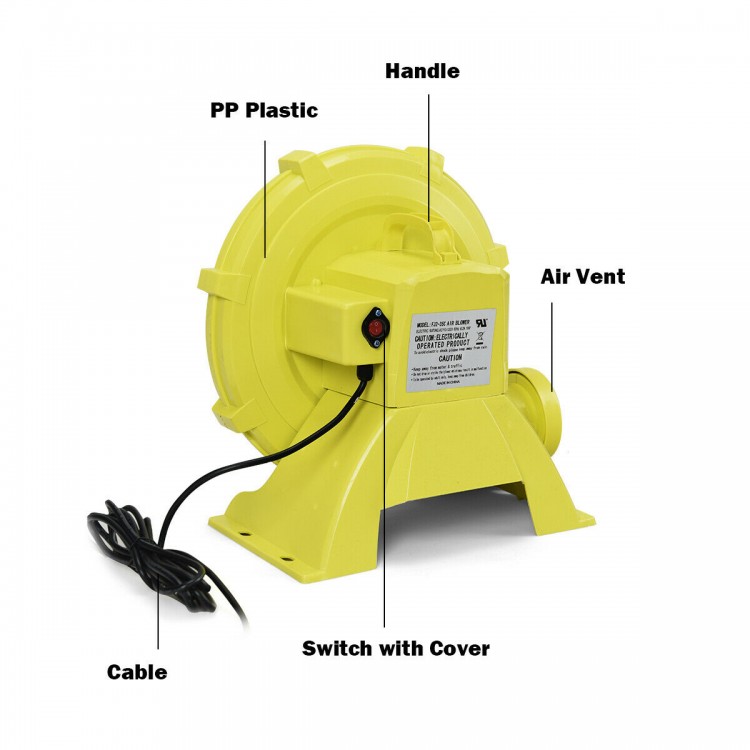 Yellow 950 W air blower pump fan with handle, designed for inflatable bounce houses and outdoor use.